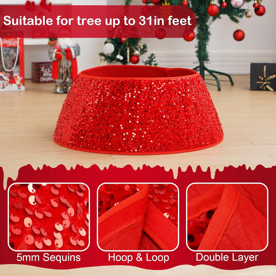 Coral Tree 31.5-Inch Red Glitter Christmas Tree Collar – Premium Sequined Tree Base Cover with 23.6-Inch Top Opening, 10.2-Inch Height – Durable Holiday Décor Stand Cover for Artificial & Real Christmas Tree