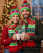 Christmas LED Knitted Cap & Muffler Set – Gingerbread & Candy Cane Design