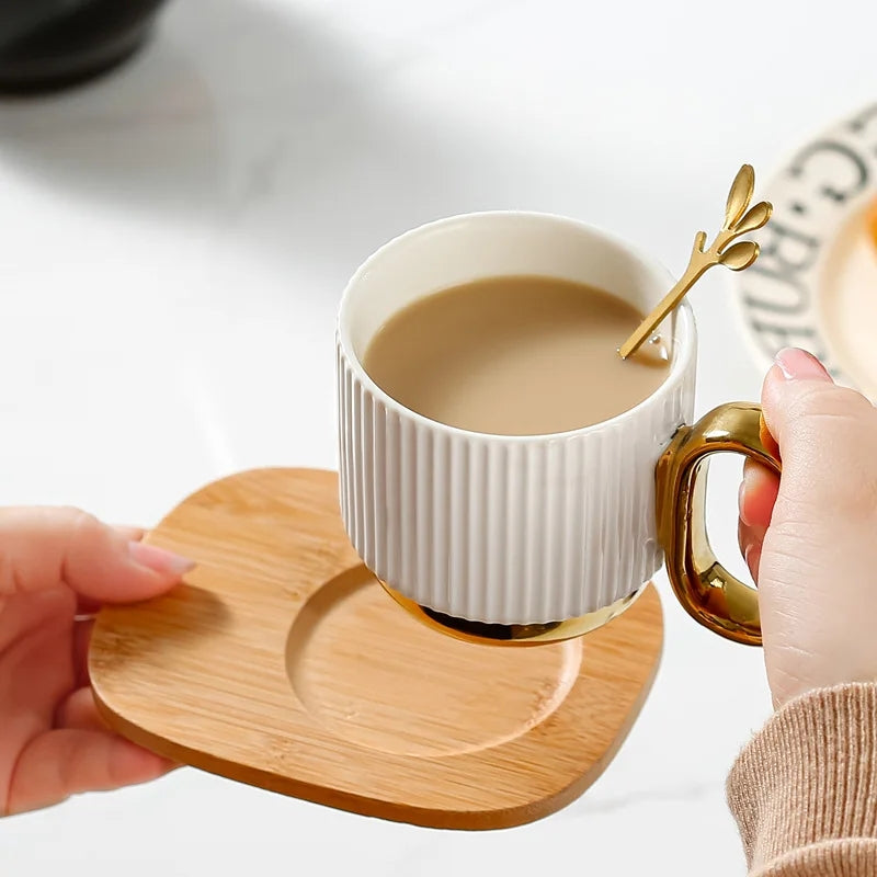 Porcelain Coffee Cup and Saucer Set with wooden tray