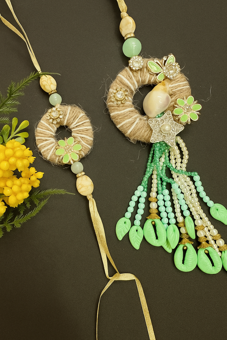 Jute Jewel Rakhi set – Coral Tree
