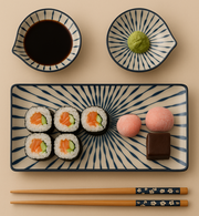 Japanese Dining Set – Ceramic Sushi Plate, 2 Dipping Bowls & 4 Chopsticks | Premium Gift Box