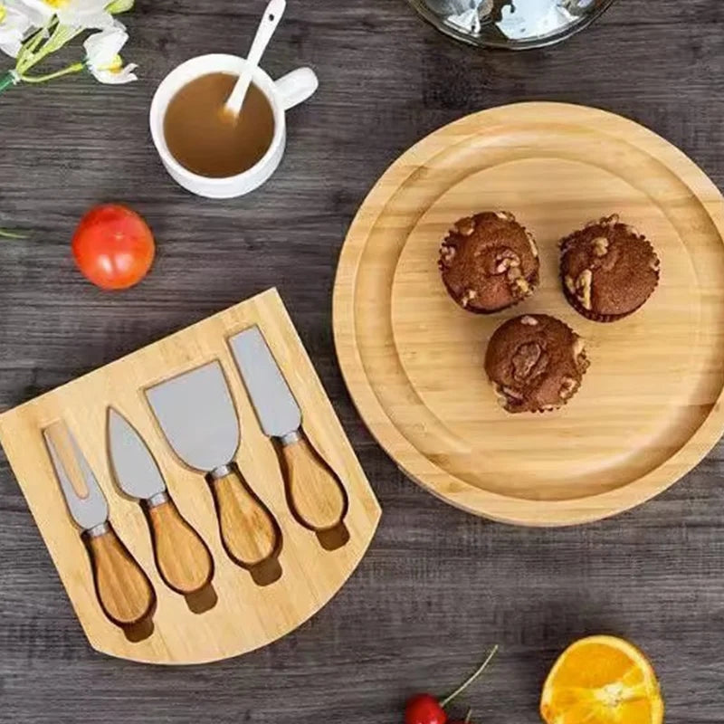 Wooden cheese platter with knife set