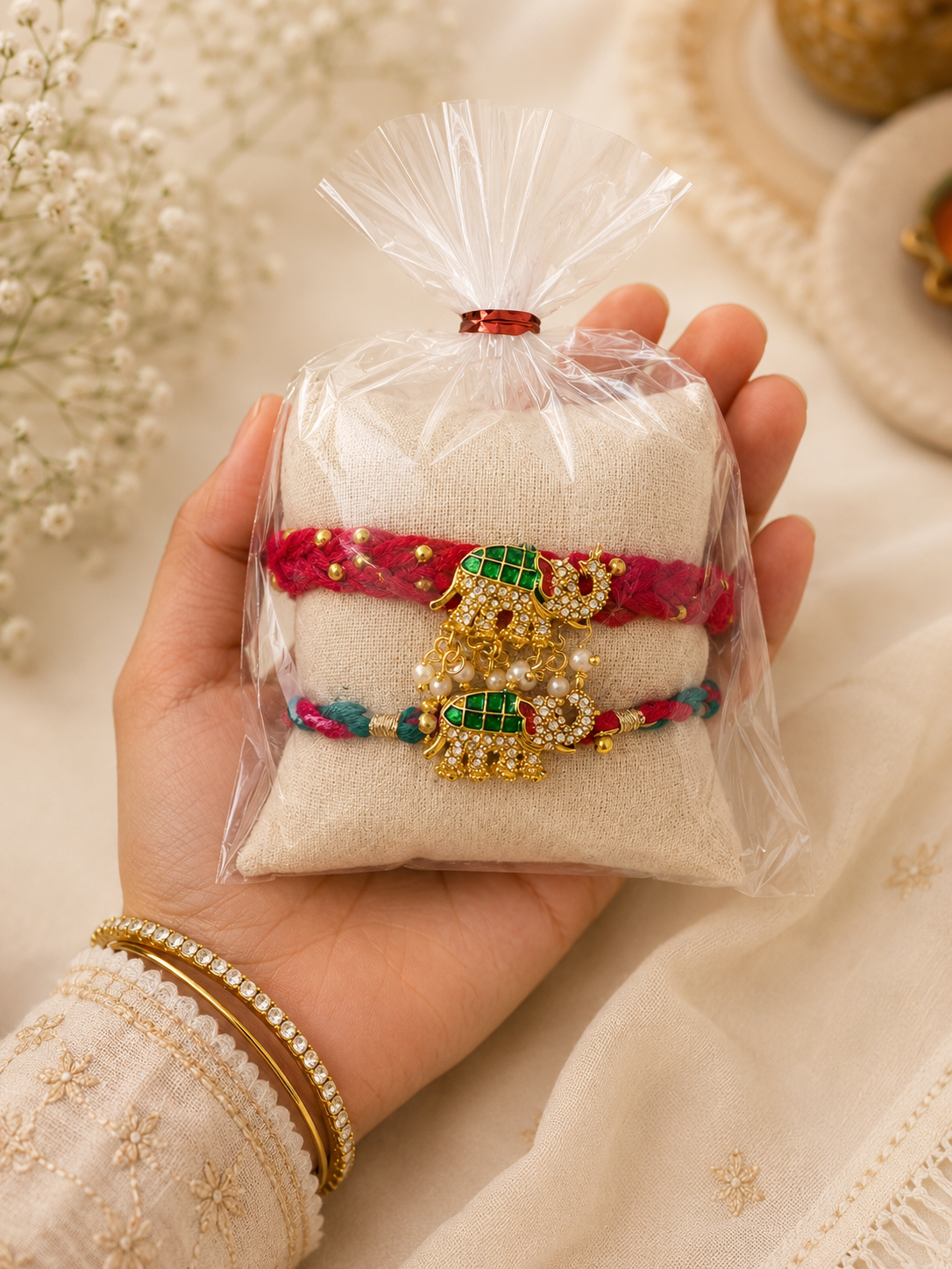 Premium Elephant Rakhi & Lumba Set for Bhai Bhabhi