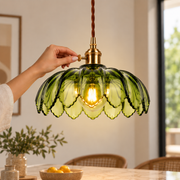 Vintage Green Glass Pendant Light with Wooden Holder & E-27 Bulb Socket | Adjustable Hanging Ceiling Light for Dining Room, Kitchen & Café