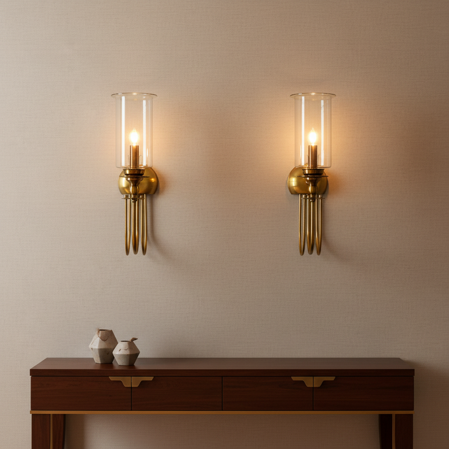 Antique Brass Wall Light with Clear Glass Shade | Premium E14 Wall Sconce for Living Room, Bedroom & Dining Area