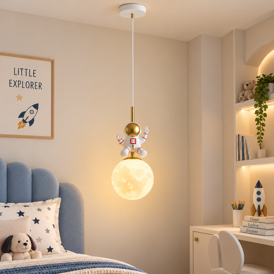 Astronaut Moon Pendant Light for Kids Room | Astro Space Theme Hanging Ceiling Light with Glowing Moon Globe | Decorative Light for Boys &amp; Girls Bedroom, Nursery &amp; Playroom