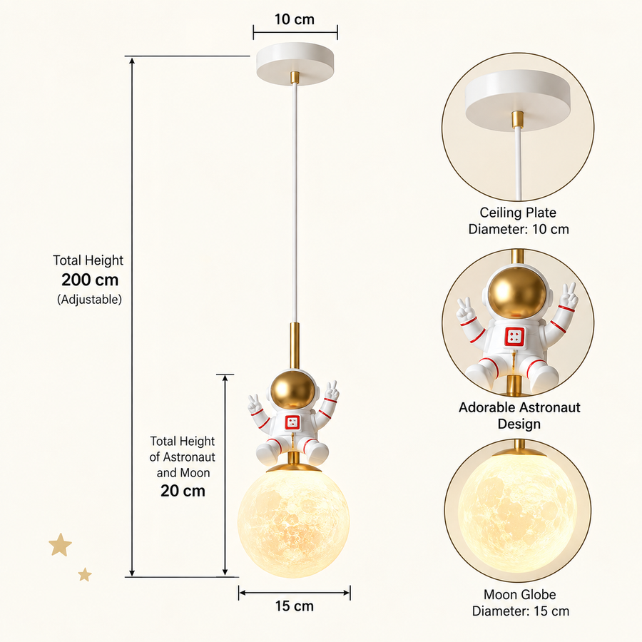 Astronaut Moon Pendant Light for Kids Room | Astro Space Theme Hanging Ceiling Light with Glowing Moon Globe | Decorative Light for Boys &amp; Girls Bedroom, Nursery &amp; Playroom