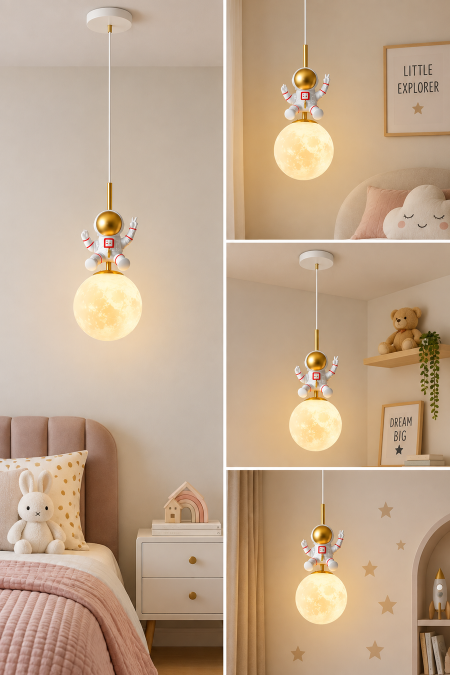 Astronaut Moon Pendant Light for Kids Room | Astro Space Theme Hanging Ceiling Light with Glowing Moon Globe | Decorative Light for Boys &amp; Girls Bedroom, Nursery &amp; Playroom