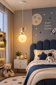 Astronaut Moon Pendant Light for Kids Room | Astro Space Theme Hanging Ceiling Light with Glowing Moon Globe | Decorative Light for Boys &amp; Girls Bedroom, Nursery &amp; Playroom