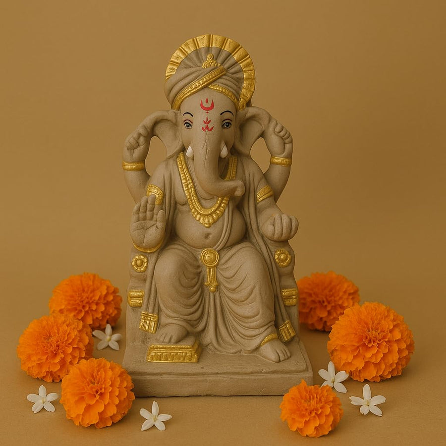 9 Inch Eco-Friendly Lalbaugcha Raja Ganesh Idol | Clay Ganpati Murti