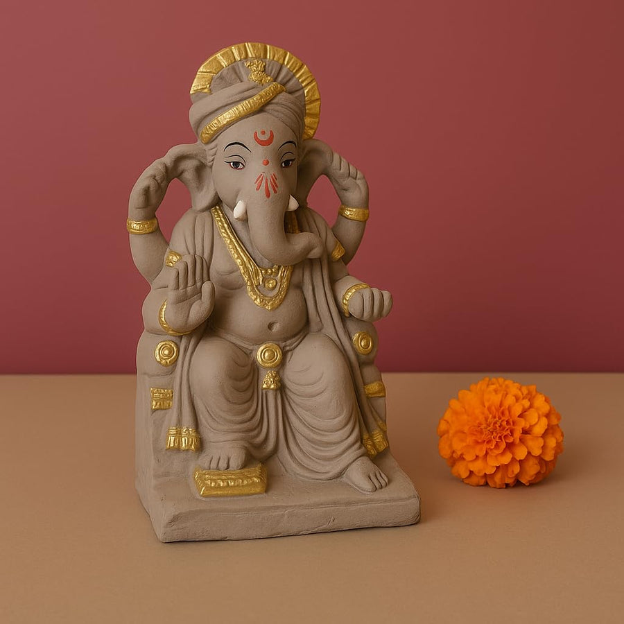 9 Inch Eco-Friendly Lalbaugcha Raja Ganesh Idol | Clay Ganpati Murti