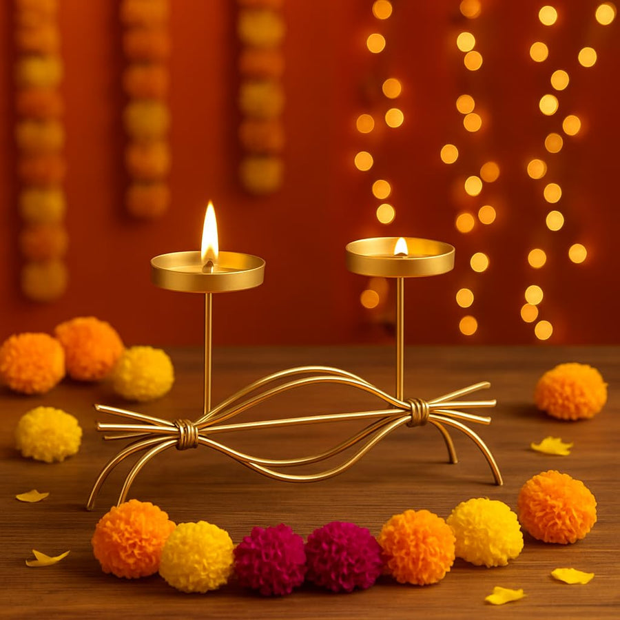 Coral Tree Handcrafted Golden 2 -Metal Tea Light Candle Holder Stand Elegant Decorative
