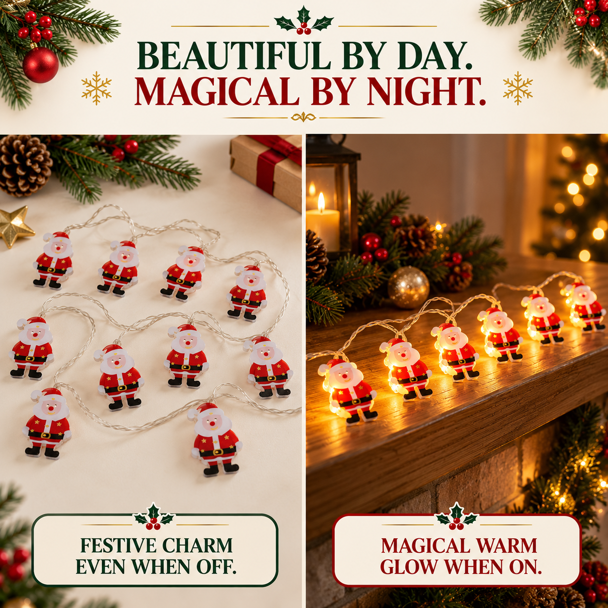 Coral Tree Santa LED String Lights – 10 Warm Fairy Lights, 155 cm Christmas Decoration for Home