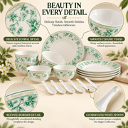Coral Tree 16-Piece Ceramic Dinnerware Set | Green Floral Botanical Design | 6 Bowls, 4 Deep Plates & 6 Ceramic Spoons