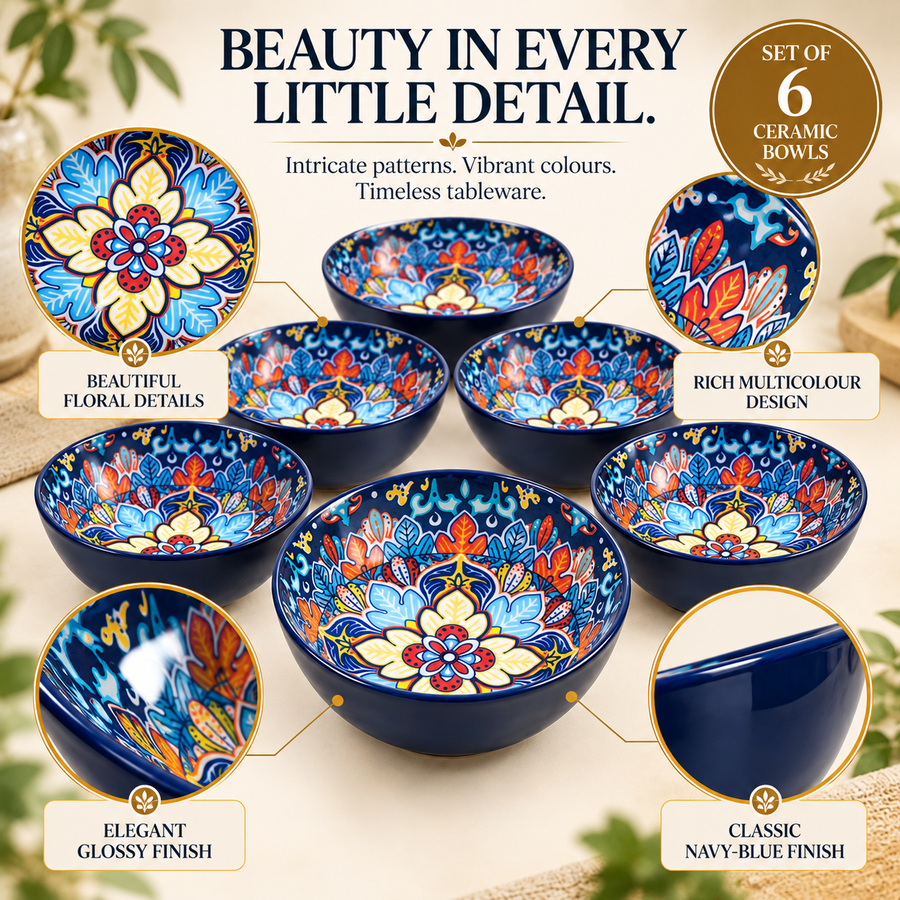 Coral Tree Multicolour Floral Ceramic Serving Bowls with Decorative Gift Box – Set of 6