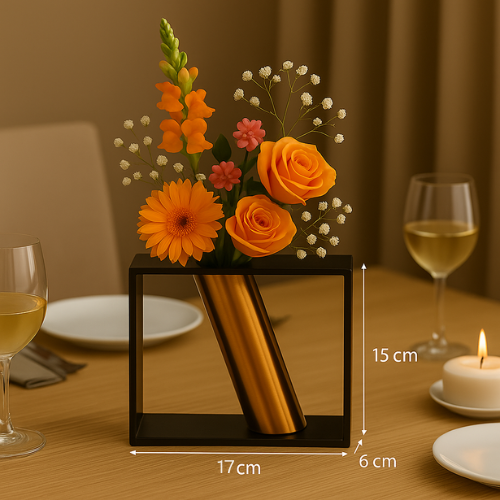 Modern Metal Frame Flower Vase with Golden Tube | Tabletop Decorative Centerpiece for Dining Table, Living Room & Office | (15 x 17 x 6 cm)