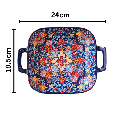 Hand-Painted Ceramic Serving Plate with Dual Handles – 18 x 18 x 5 cm | Mediterranean Floral Design | Multi-Purpose Bake & Serve Dish