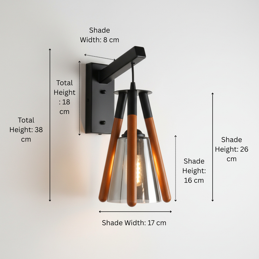 Modern Wooden Rod Smoked Glass Wall Light | Black Metal Wall Sconce | Warm Ambient Decorative Lamp