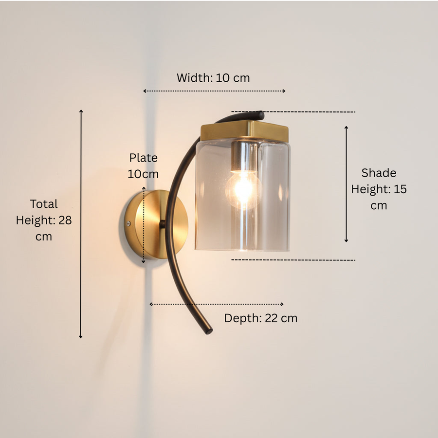 Modern Smoke Glass Wall Light with Gold & Black Metal Finish | E27 Bulb Included