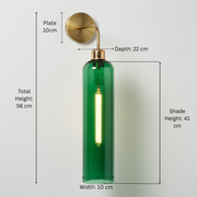 Modern Brass Wall Light with Emerald Green Glass | T30 Tube Bulb | H56 × W10 × D21 cm