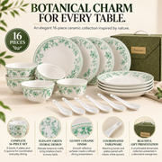 Coral Tree 16-Piece Ceramic Dinnerware Set | Green Floral Botanical Design | 6 Bowls, 4 Deep Plates & 6 Ceramic Spoons