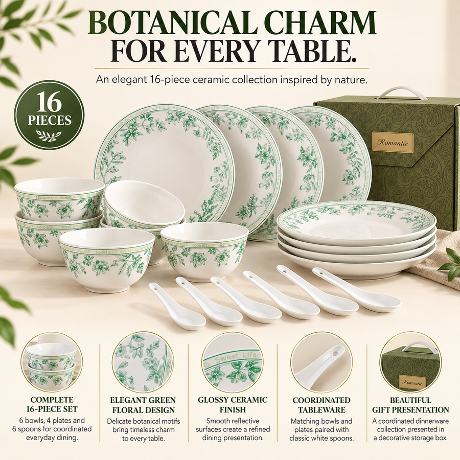 Coral Tree 16-Piece Ceramic Dinnerware Set | Green Floral Botanical Design | 6 Bowls, 4 Deep Plates & 6 Ceramic Spoons