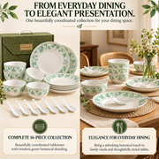 Coral Tree 16-Piece Ceramic Dinnerware Set | Green Floral Botanical Design | 6 Bowls, 4 Deep Plates & 6 Ceramic Spoons