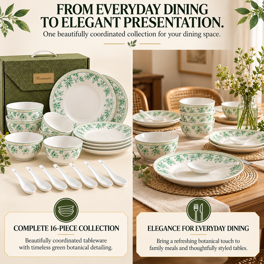 Coral Tree 16-Piece Ceramic Dinnerware Set | Green Floral Botanical Design | 6 Bowls, 4 Deep Plates & 6 Ceramic Spoons