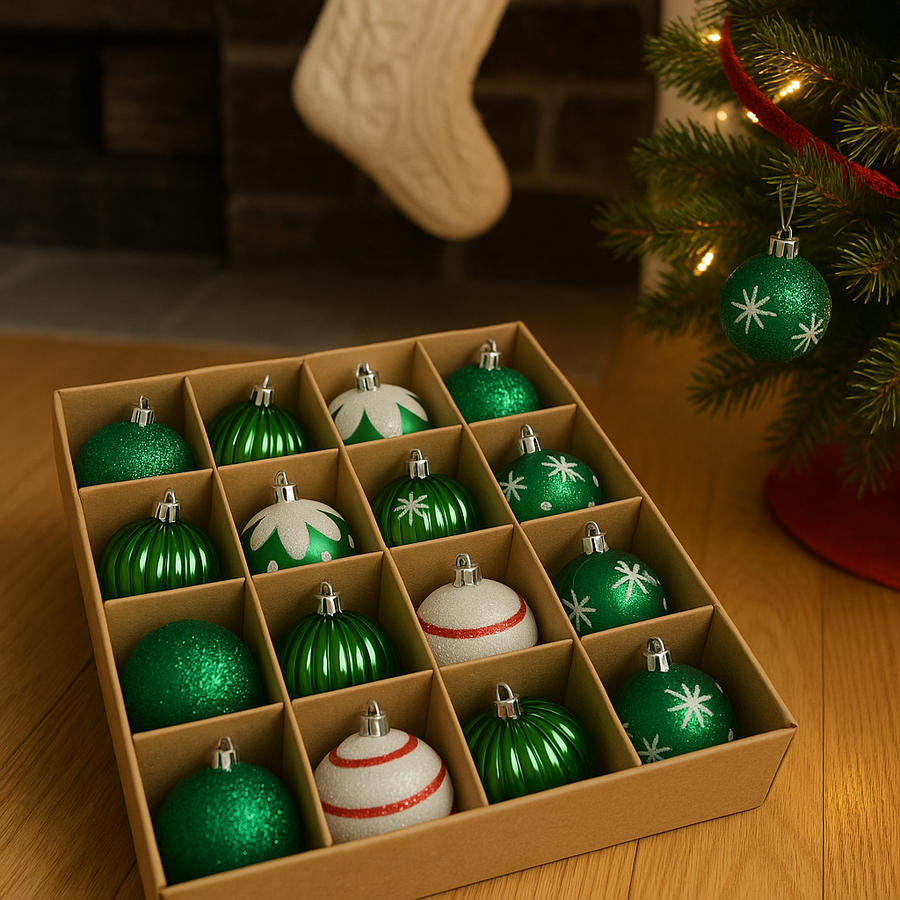 Christmas Tree Decoration Bauble Set – Green & Silver Collection (Pack of 16)