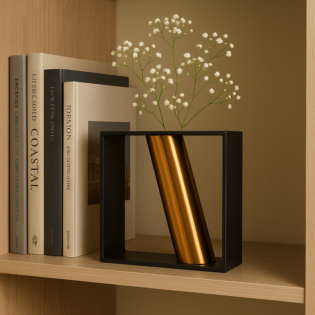 Modern Metal Frame Flower Vase with Golden Tube | Tabletop Decorative Centerpiece for Dining Table, Living Room & Office | (15 x 17 x 6 cm)