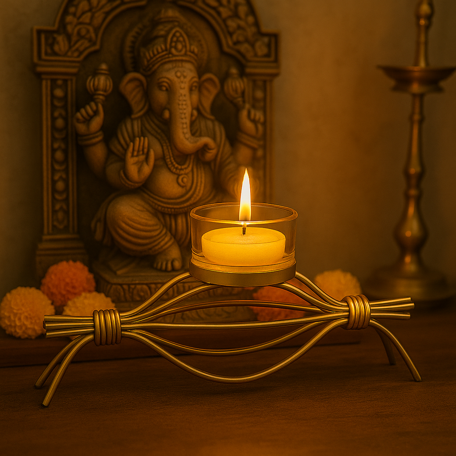 Coral Tree Golden Wire T-Light Candle Holder with Glass Cup – Elegant Home Décor for Living Room, Puja & Festive Decoration