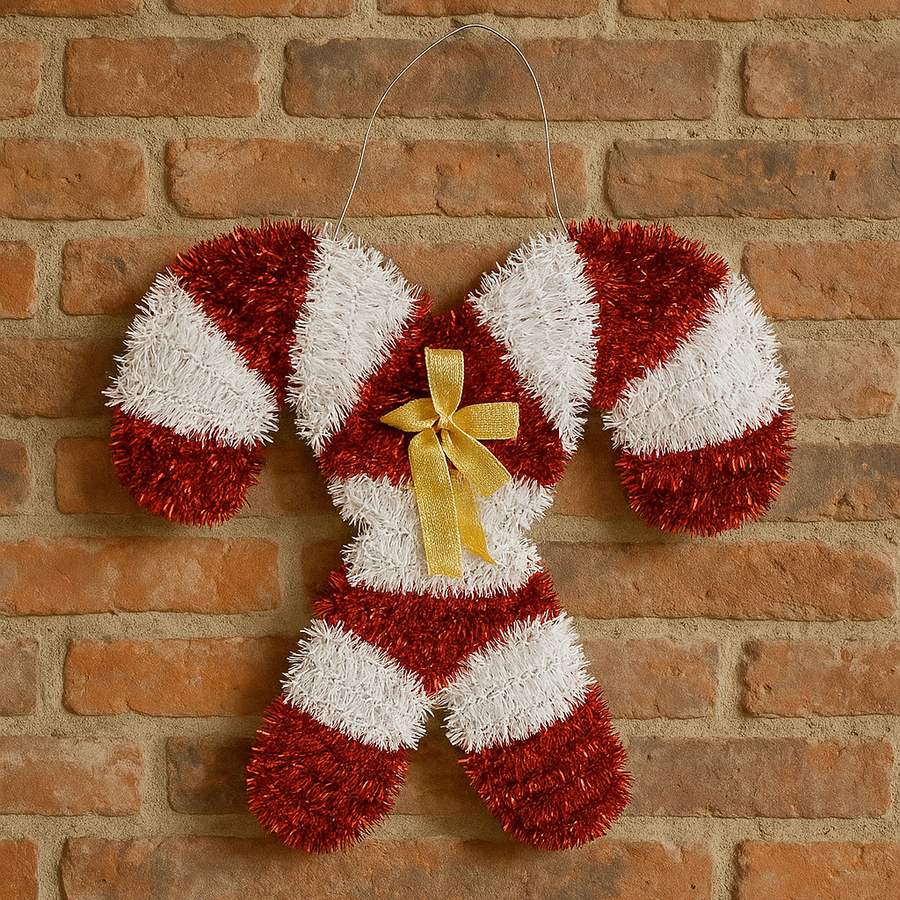 Festive Red & White Candy Cane Christmas Hanging Decoration with Golden Bow – Tinsel Wall & Door Ornament