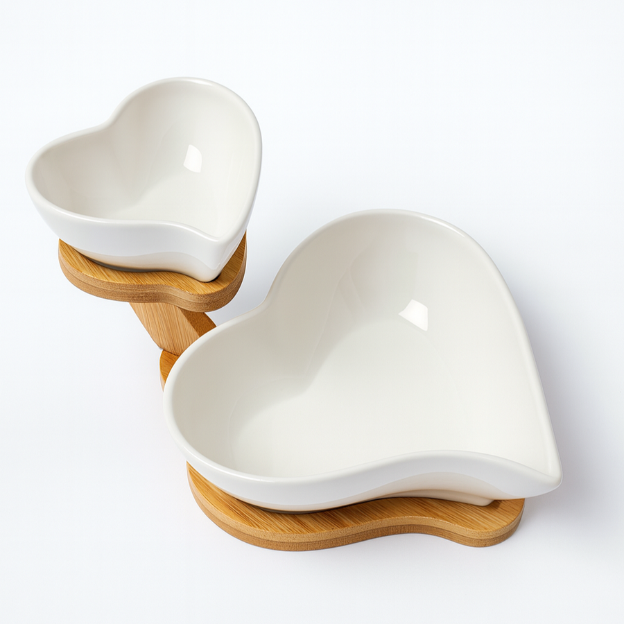Heart Shaped Ceramic Bowl Set with Wooden Stand | Snack & Dip Server | Chips, Salsa & Dry Fruit Tray