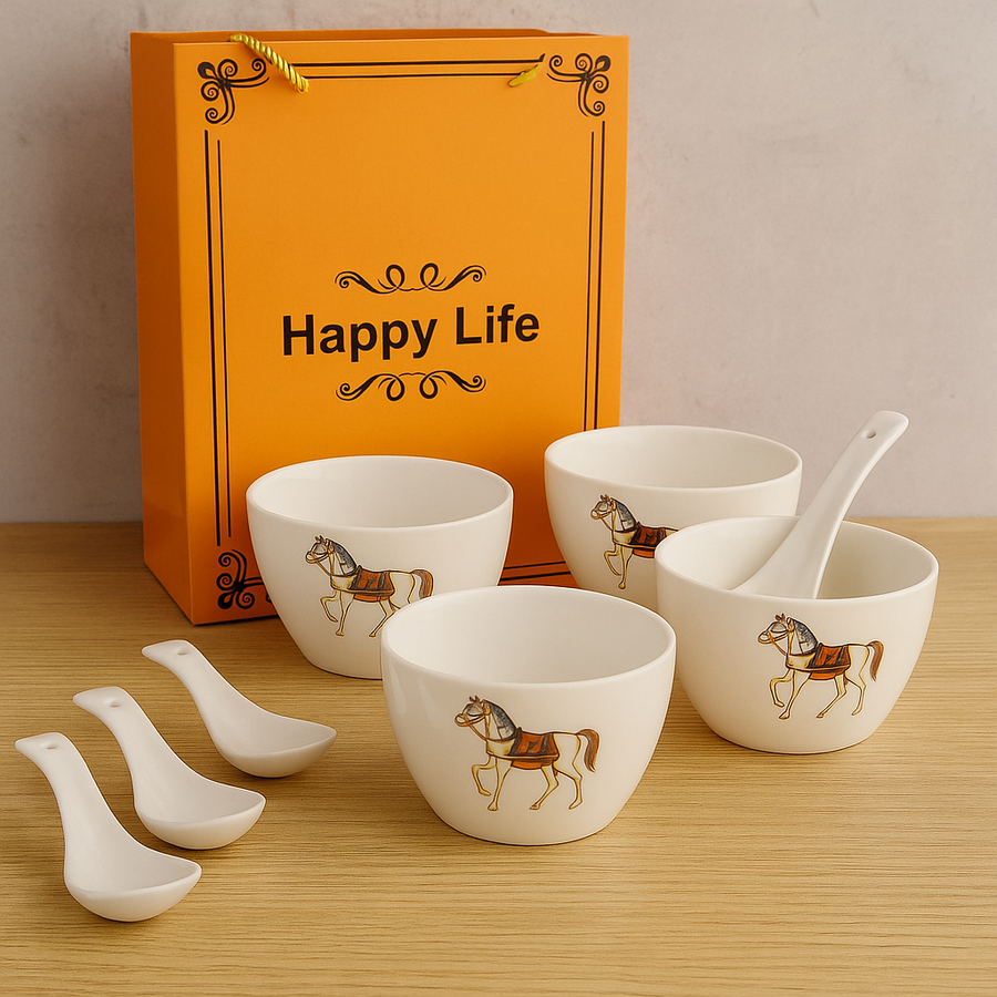 Ceramic Soup Bowl Set with Spoons | 4 Bowls & 4 Soup Spoons