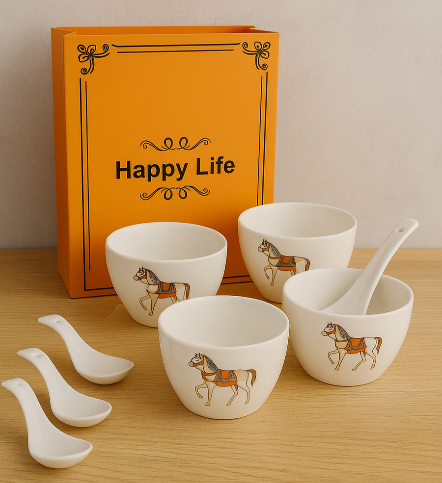 Ceramic Soup Bowl Set with Spoons | 4 Bowls & 4 Soup Spoons
