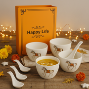 Ceramic Soup Bowl Set with Spoons | 4 Bowls & 4 Soup Spoons | Horse Print Design
