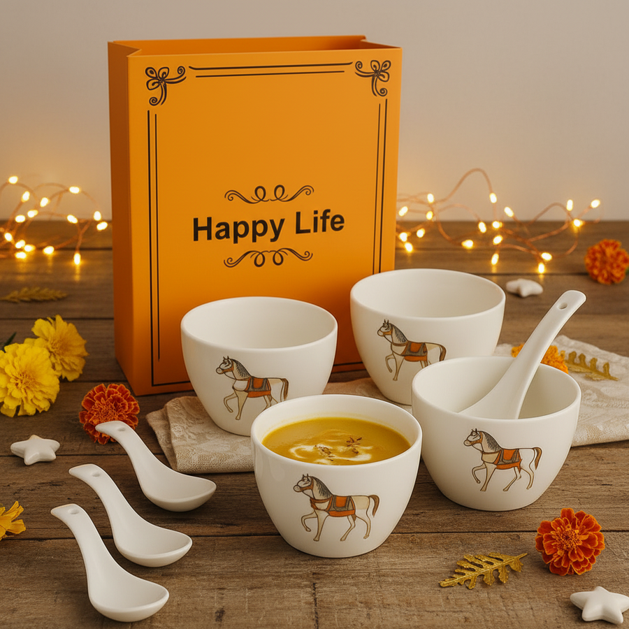 Ceramic Soup Bowl Set with Spoons | 4 Bowls & 4 Soup Spoons | Horse Print Design