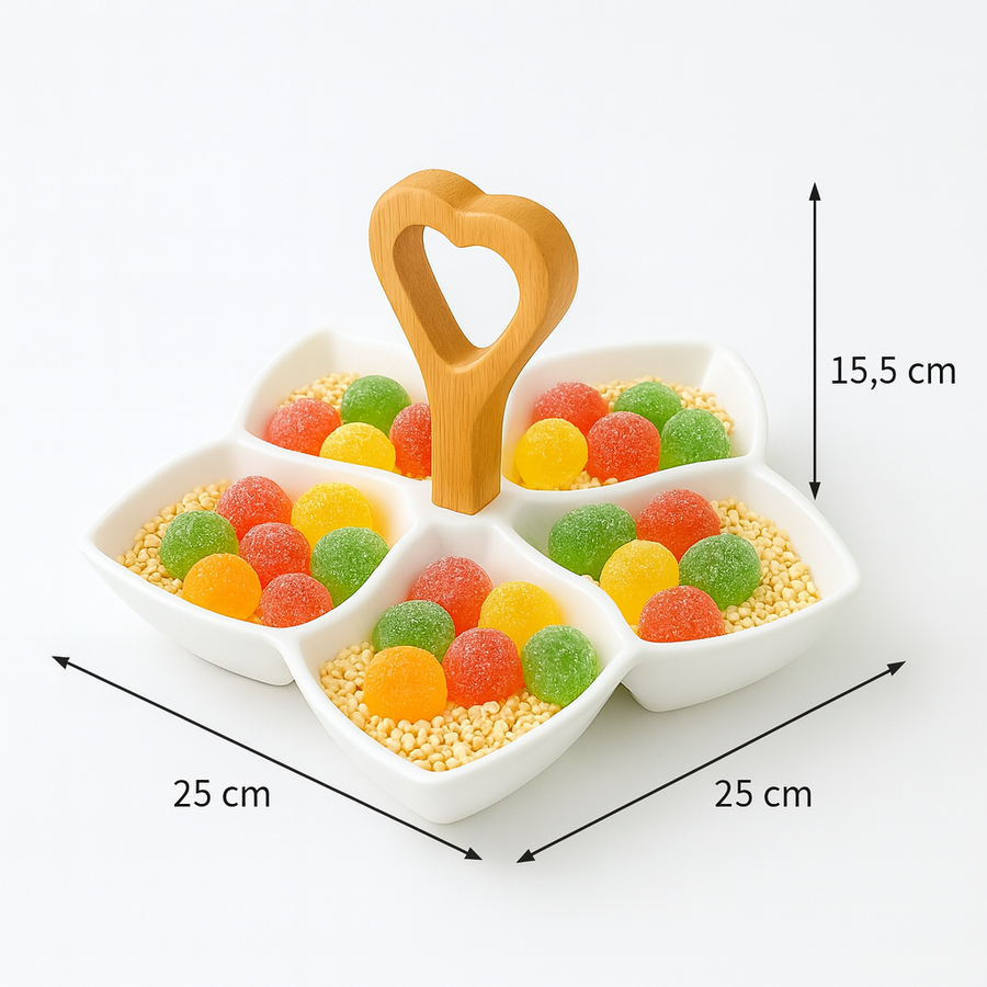 5-Section Ceramic Snack Tray with Wooden Heart Handle | Dry Fruit, Candy & Nut Server