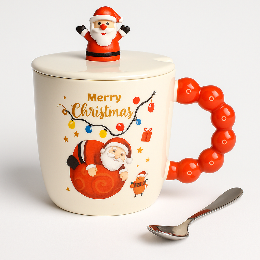 Christmas Ceramic Mug with Lid & Spoon | 350 ML Santa Mug with Red Handle | Merry Christmas Gift Cup for Coffee