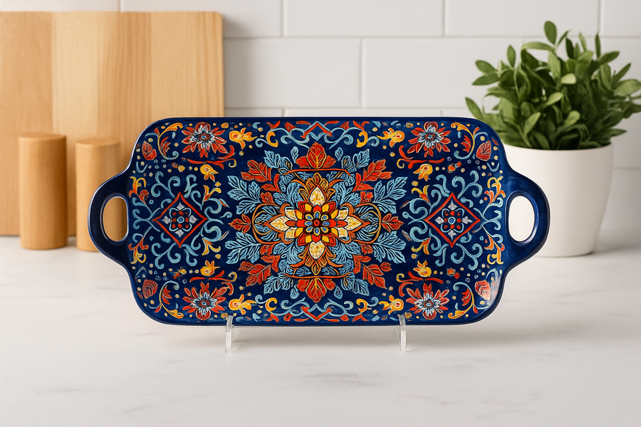 Handcrafted Blue Floral Ceramic Serving Tray – 30 x 17 x 5 cm