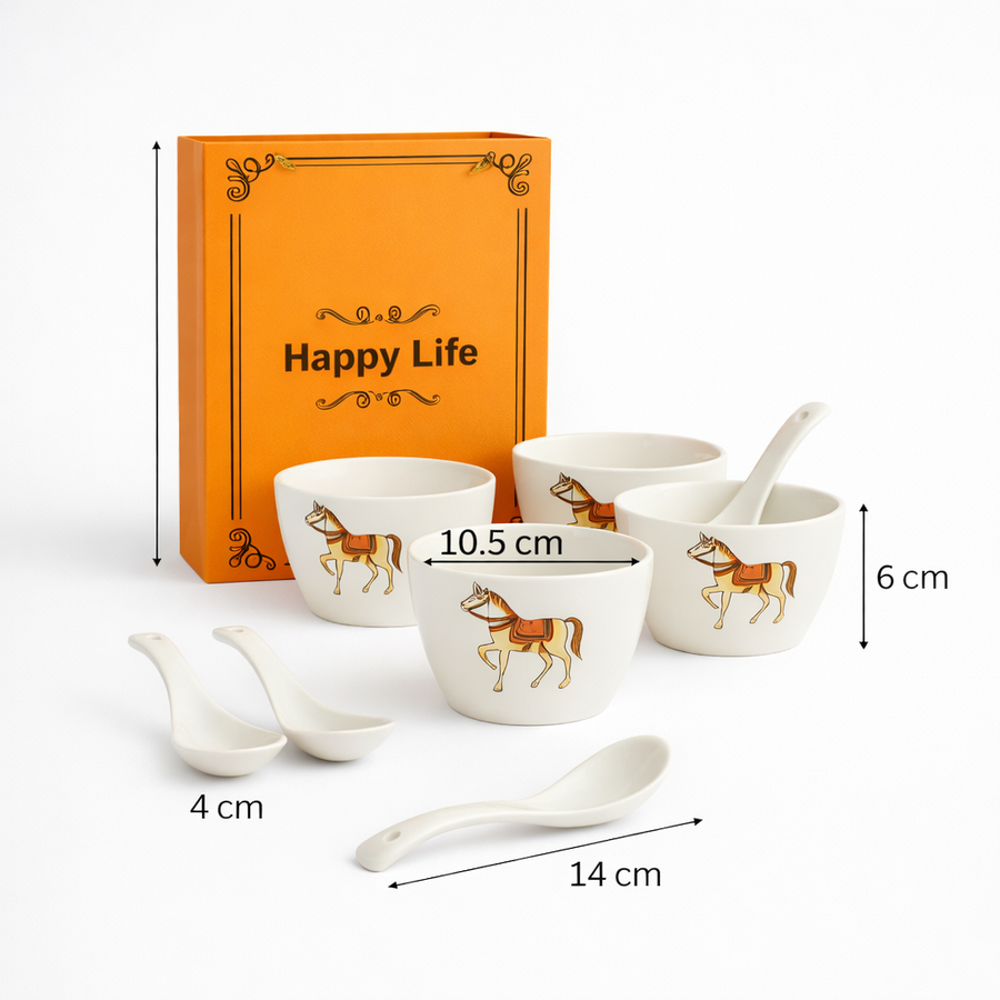 Ceramic Soup Bowl Set with Spoons | 4 Bowls & 4 Soup Spoons | Horse Print Design