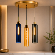 Coral Tree 3-Light Modern Glass Pendant Chandelier | Blue Amber Smoke Shades | Gold Round Ceiling Plate | Adjustable Hanging Light