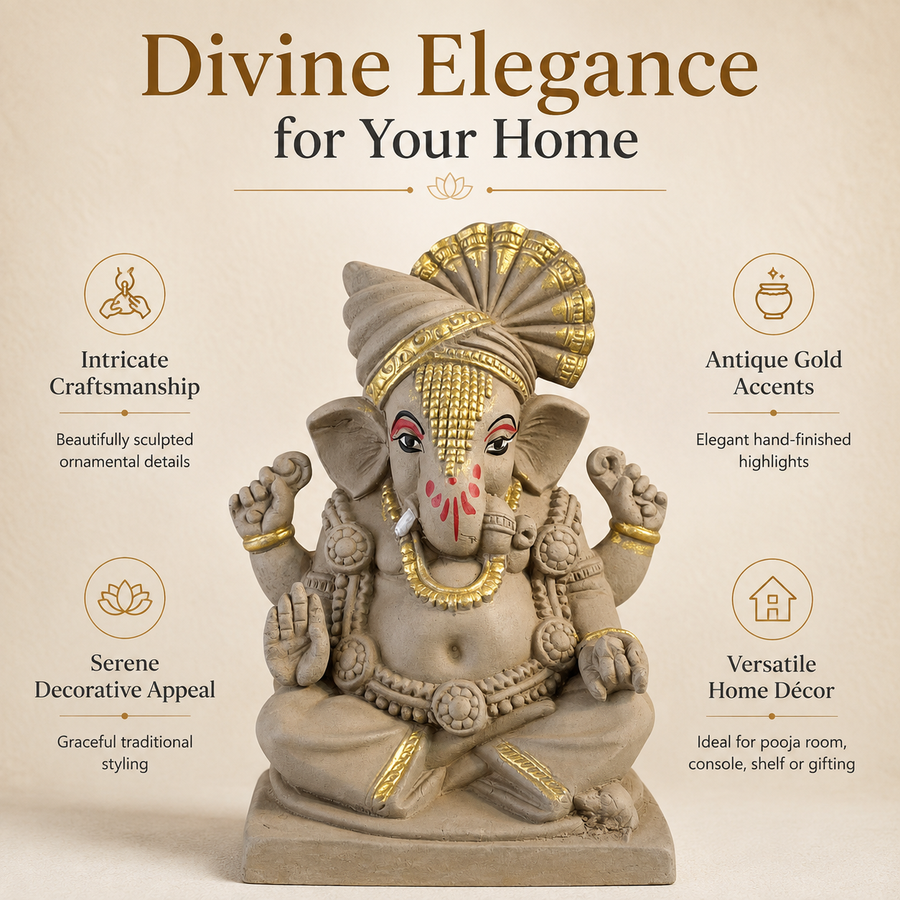 Eco-Friendly Lord Ganesha Idol with Royal Turban & Gold Accents 5 inch – Traditional Ganpati Decorative Statue