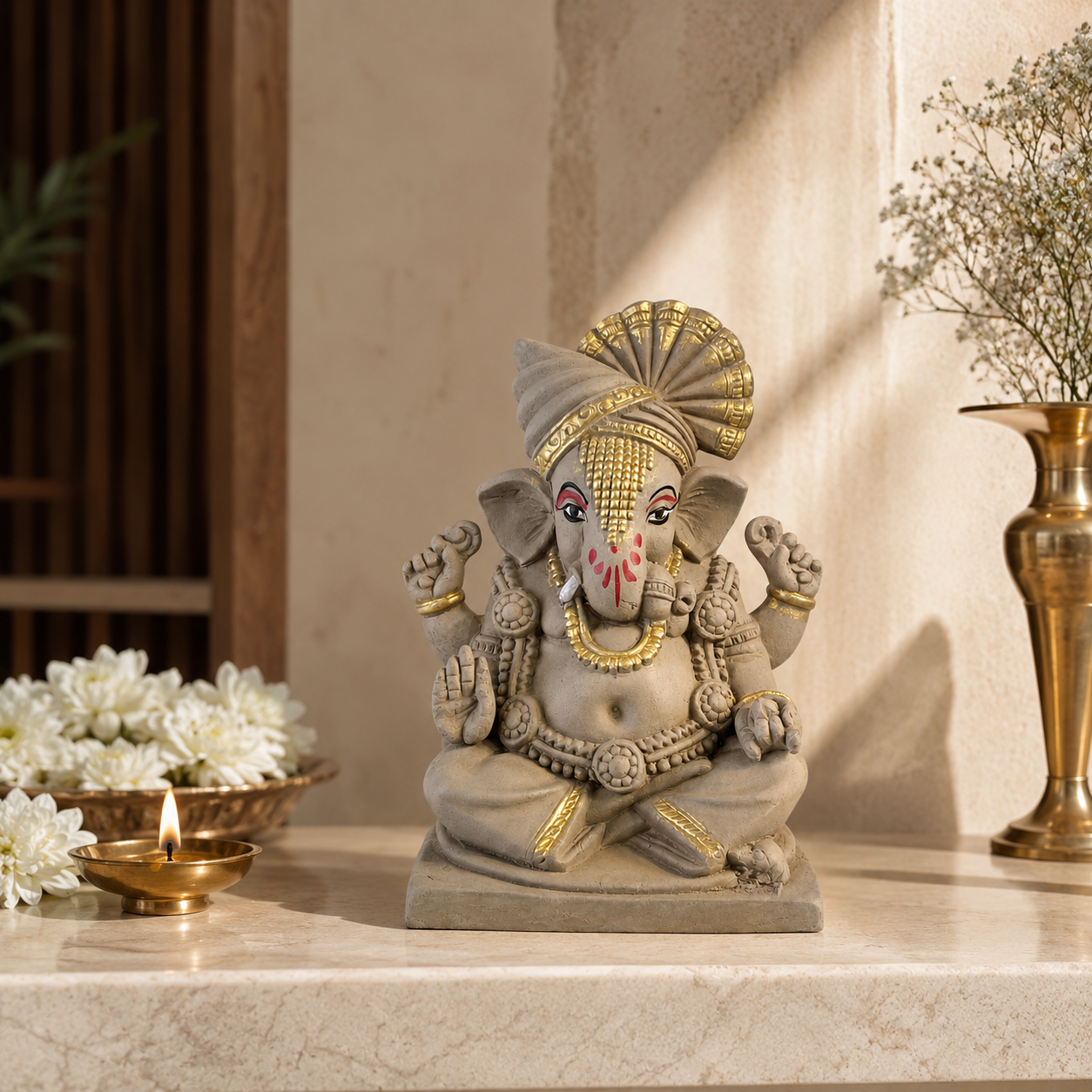 Eco-Friendly Lord Ganesha Idol with Royal Turban & Gold Accents 5 inch – Traditional Ganpati Decorative Statue