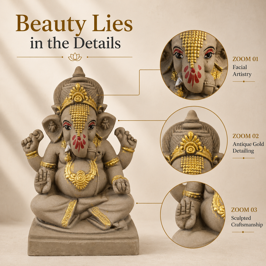 Eco-Friendly Lord Ganesha Idol with Ornate Crown & Gold Accents 6 inch– Traditional Ganpati Decorative Statue