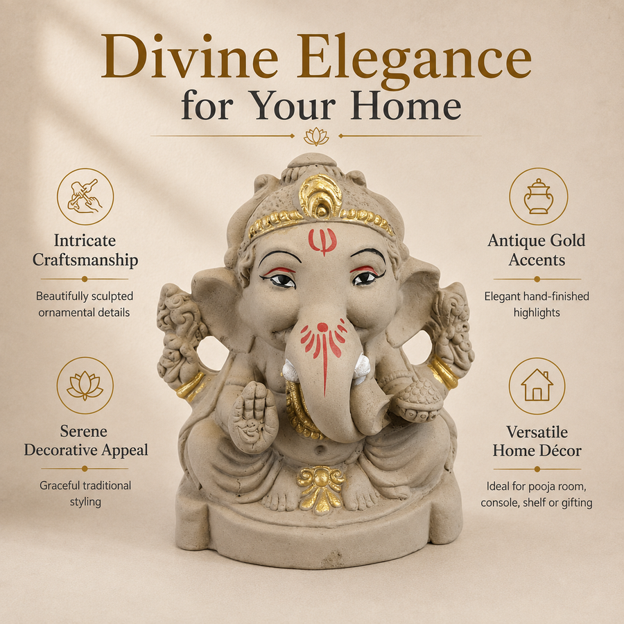 Eco-Friendly Lord Ganesha Idol with Modak 4 inch – Compact Traditional Ganpati Statue with Gold Accents