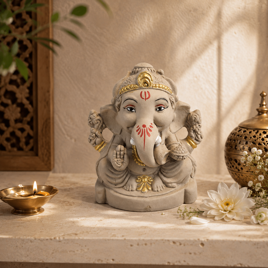 Eco-Friendly Lord Ganesha Idol with Modak 4 inch – Compact Traditional Ganpati Statue with Gold Accents