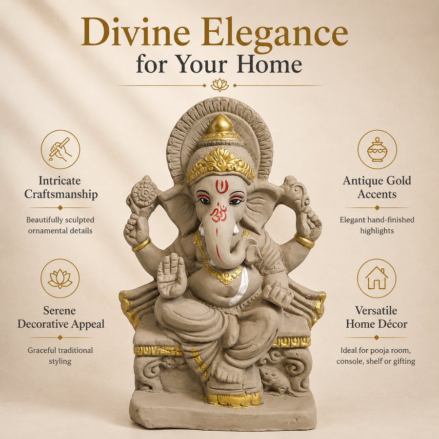 Eco-Friendly Lord Ganesha Idol on Royal Throne with Gold Accents 10 inch – Traditional Ganpati Statue