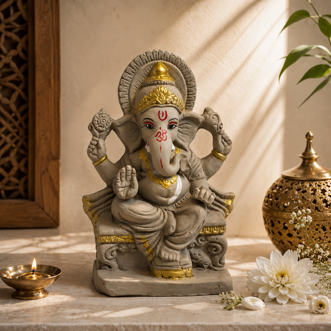 Eco-Friendly Lord Ganesha Idol on Royal Throne with Gold Accents 10 inch – Traditional Ganpati Statue