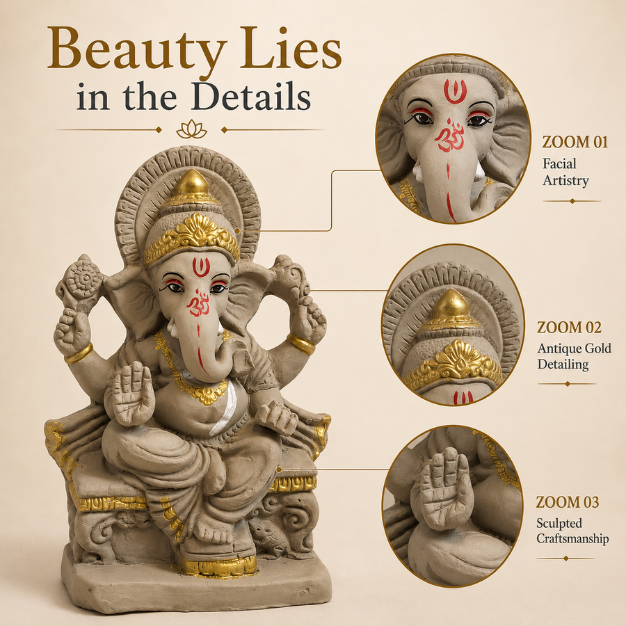 Eco-Friendly Lord Ganesha Idol on Royal Throne with Gold Accents 10 inch – Traditional Ganpati Statue